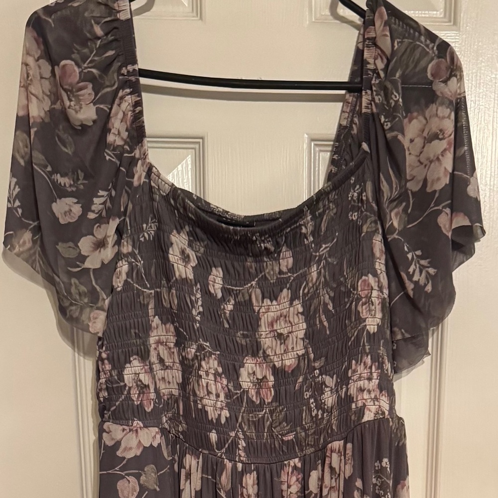 Torrid Gray Floral Pink Short Flutter Sleeve Smocked Maxi Dress Plus Size 1